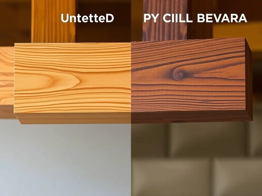 A split image showing a before-and-after comparison of a wooden structure treated with PYROCHILL BEVARA, demonstrating its fire-resistant capabilities. The 'after' side shows the wood intact after exposure to flame.