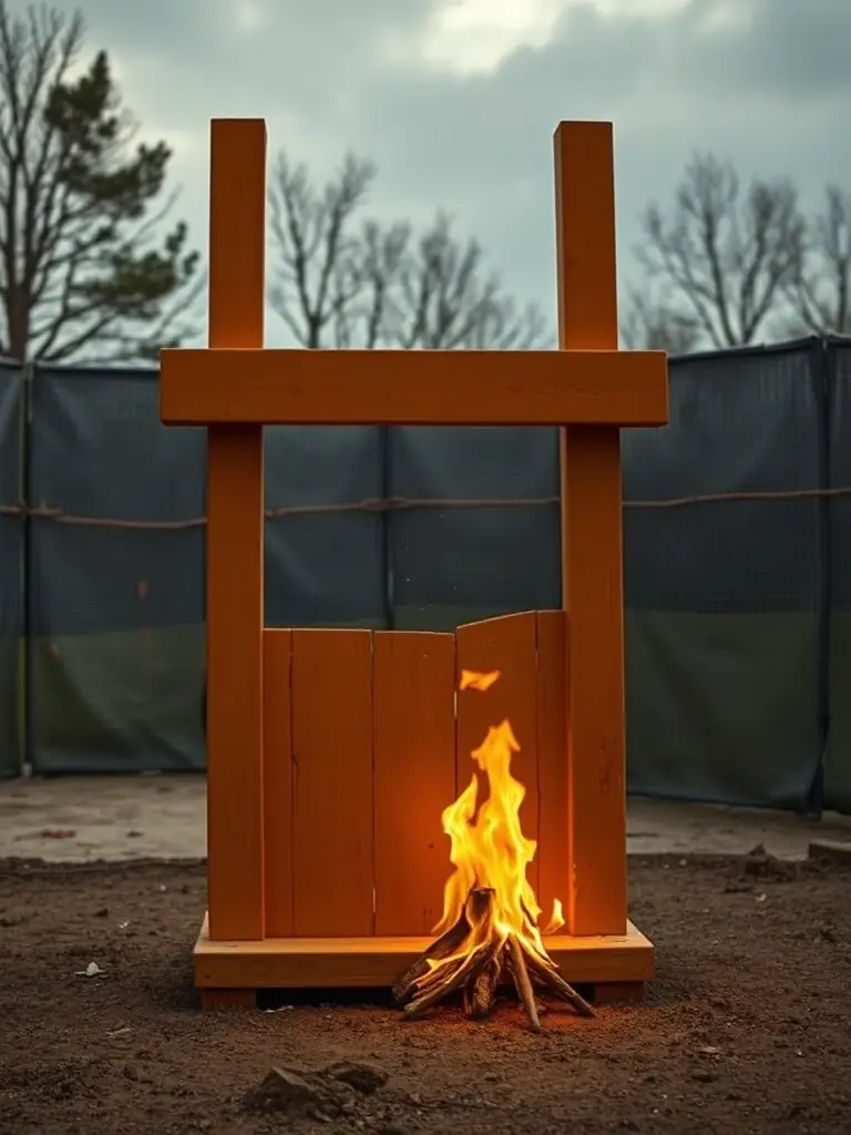 A controlled fire test demonstration where a wooden structure coated with PYROCHILL BEVARA resists flames, highlighting its superior fire-resistant properties and protective capabilities.