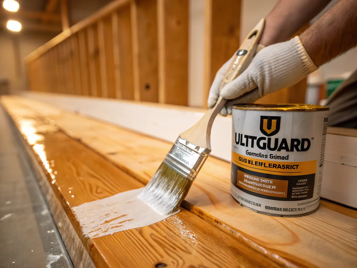 A close-up shot of a hand applying PYROCHILL BEVARA paint to a wooden surface, highlighting its smooth texture and ease of application.