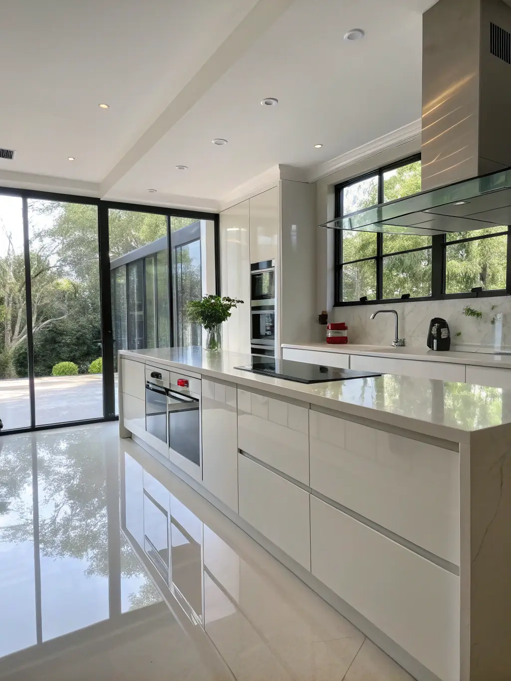 A modern kitchen with light wood cabinets and a backsplash coated in PYROCHILL BEVARA, demonstrating its use in residential settings for fire protection.