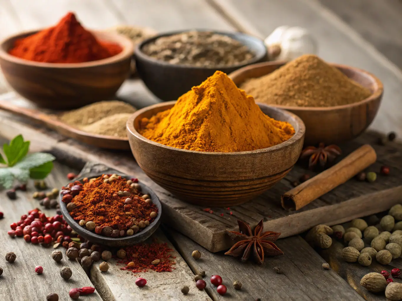 A photo of traditional Swedish ingredients, such as ochre and flour, used in PYROCHILL BEVARA paint. The ingredients are arranged artfully on a wooden table.