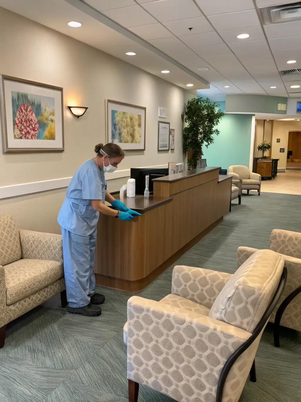 A hospital waiting room with walls painted in a calming color using PYROCHILL BEVARA, emphasizing its suitability for healthcare facilities due to its non-toxic properties.