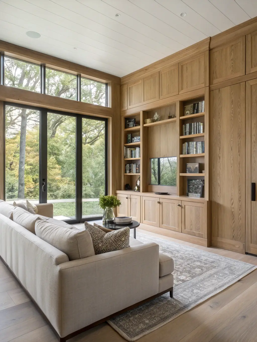A modern living room with light-colored walls coated in PYROCHILL BEVARA, showcasing its aesthetic appeal and fire-resistant properties, with a focus on the safety of the occupants.