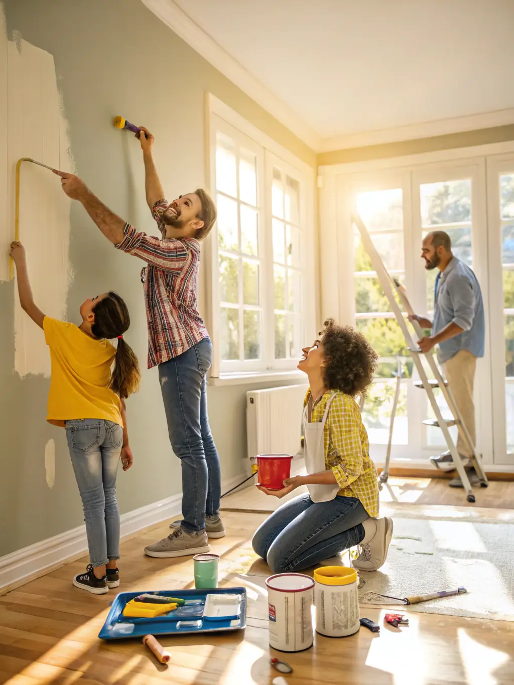 A family happily painting a child's bedroom with PYROCHILL BEVARA, emphasizing the paint's non-toxic nature and suitability for use in sensitive environments like homes and schools.